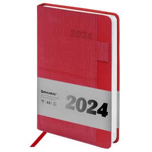 Ежедневник датированный на 2024 год А5 Brauberg "Pocket", карман, держатель для ручки, красный, 168 листов, кожзам, 138х213мм (114991)