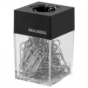 Скрепочница магнитная закрытая Brauberg (пластик) + скрепки никелир. 100шт., прозрачная/черная крышка (228400)