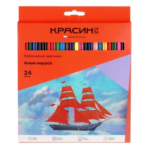 Карандаши цветные 24 цвета Красин "Алые Паруса" (d=3мм, 3гр) картон, европодвес (КР-2401), 10 уп.