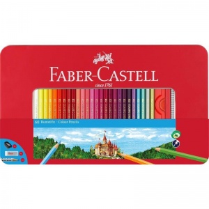 Карандаши цветные 60 цветов Faber-Castell (2 ч/г карандаша+ластик+точилка, 6гр) метал. коробка (115894)