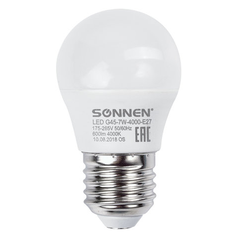 Лампа светодиодная Sonnen (7Вт, E27, шар) холодный белый, 1шт. (LED G45-7W-4000-E27)
