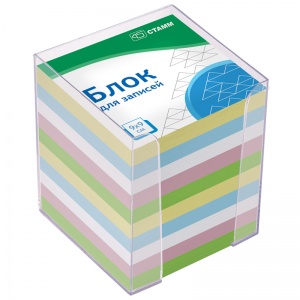 Блок-кубик для записей Стамм "Basic", 90x90x90мм, цветной, прозрачный бокс (БЗ-999401/ПЦ41)