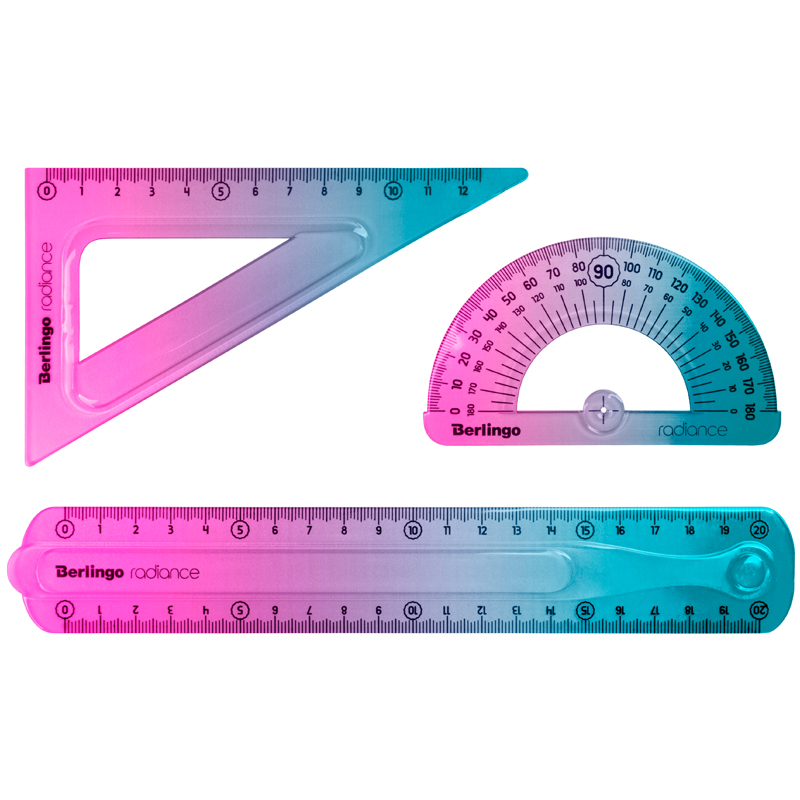 Набор чертежный средний Berlingo Radiance (треугольник 14см, линейка 20см, транспортир) гибкий, розовый/голубой градиент (RS_10220)