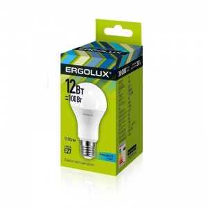 Лампа светодиодная Ergolux (12Вт, Е27, грушевидная) холодный белый, 10шт.