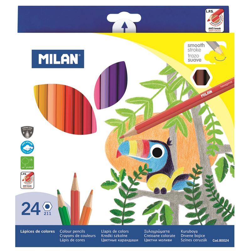 Карандаши цветные 24 цвета Milan 211 (L=174мм, D=6.4мм, d=2.9мм, 6гр) картонная упаковка (80024)