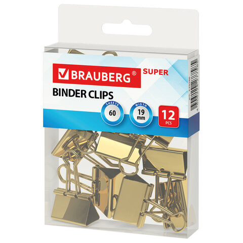 Зажимы для бумаг металлические Brauberg Extra (19мм, до 60 листов, золотистые) 12шт., 10 уп. (229586)