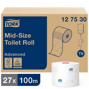 Бумага туалетная для диспенсера 2-слойная Tork T6 Advanced Mid-size, белая, 100м, 27 рул/уп (127530)
