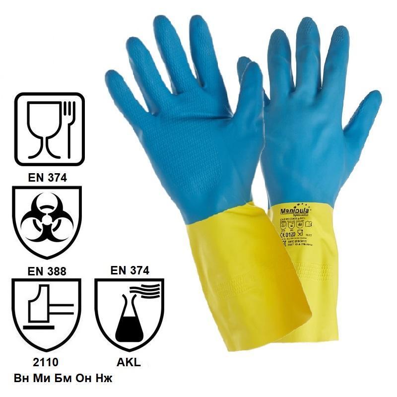 Перчатки защитные латексно-неопреновые Manipula Specialist &quot;Союз&quot;, х/б напыление, размер 9-9,5 (L), синие/желтые, 1 пара (LN-F-05)