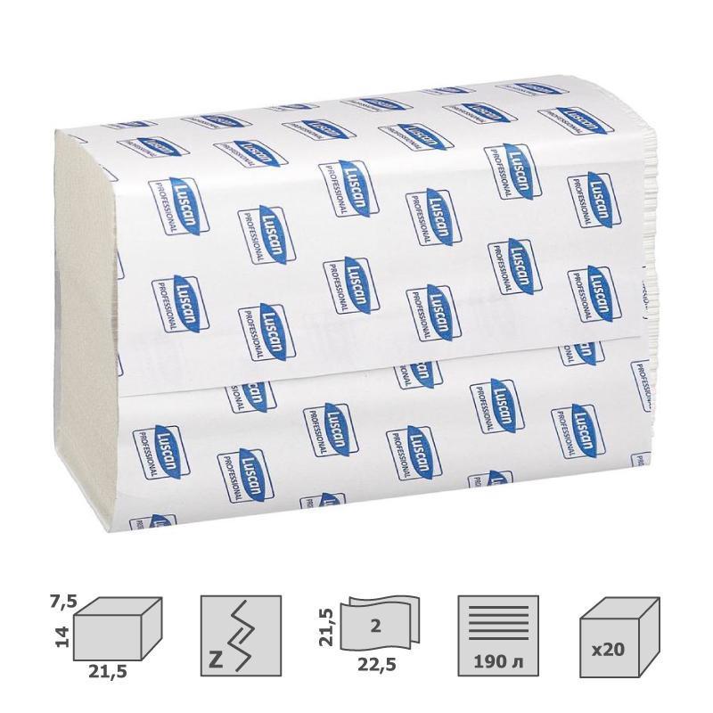 Полотенца бумажные для держателя 2-слойные Luscan Professional, листовые Z-сложения, 20 пачек по 190 листов (607965)