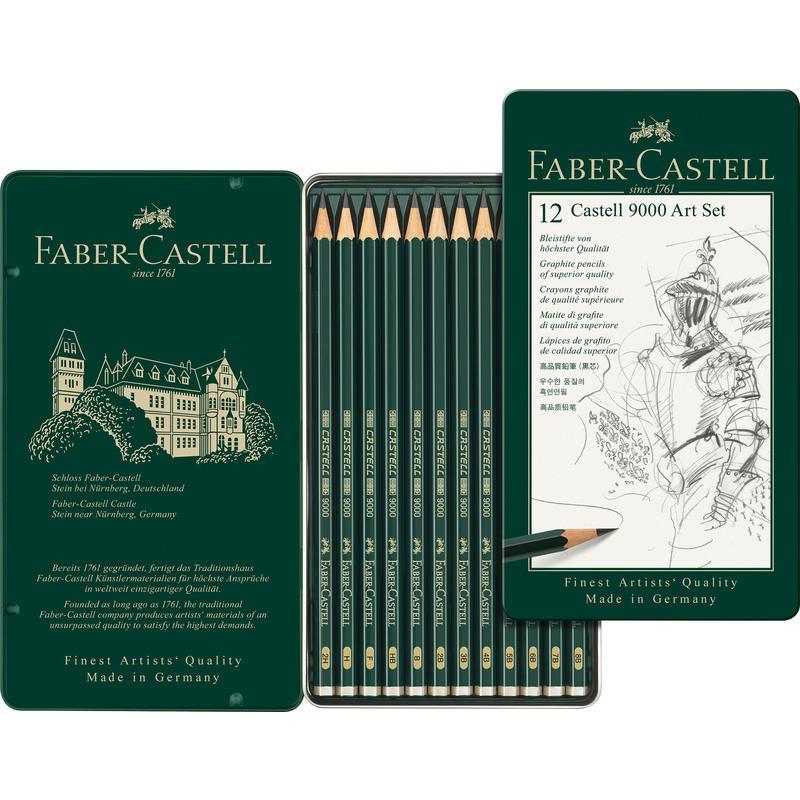 Набор чернографитных (простых) карандашей Faber-Castell 9000 Art Set (2H-8B, заточенные) метал. коробка, 12шт. (119065)