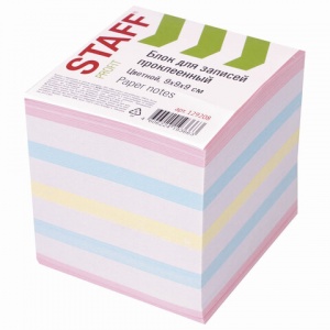 Блок-кубик для записей Staff, 90x90x90мм, проклеенный, белый/цветной (129208), 12шт.