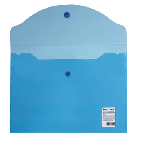 Папка-конверт на кнопке Brauberg (А5, 240х190мм, 150мкм, пластик) прозрачная синяя (224027), 10шт.