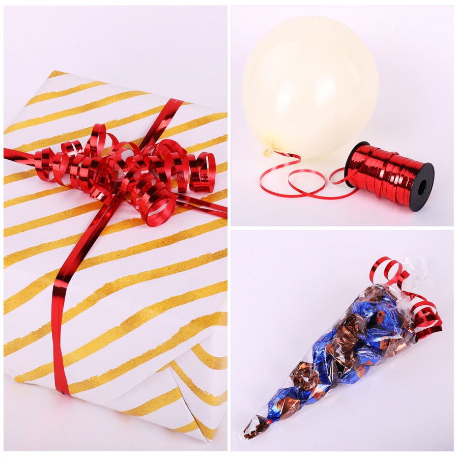 Лента упаковочная Золотая Сказка для шаров и подарков, металлик, 5мм х 250м, красная, 3 уп. (591817)