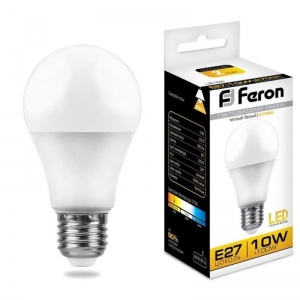 Лампа светодиодная Feron (10Вт, Е27, грушевидная) теплый белый, 1шт.