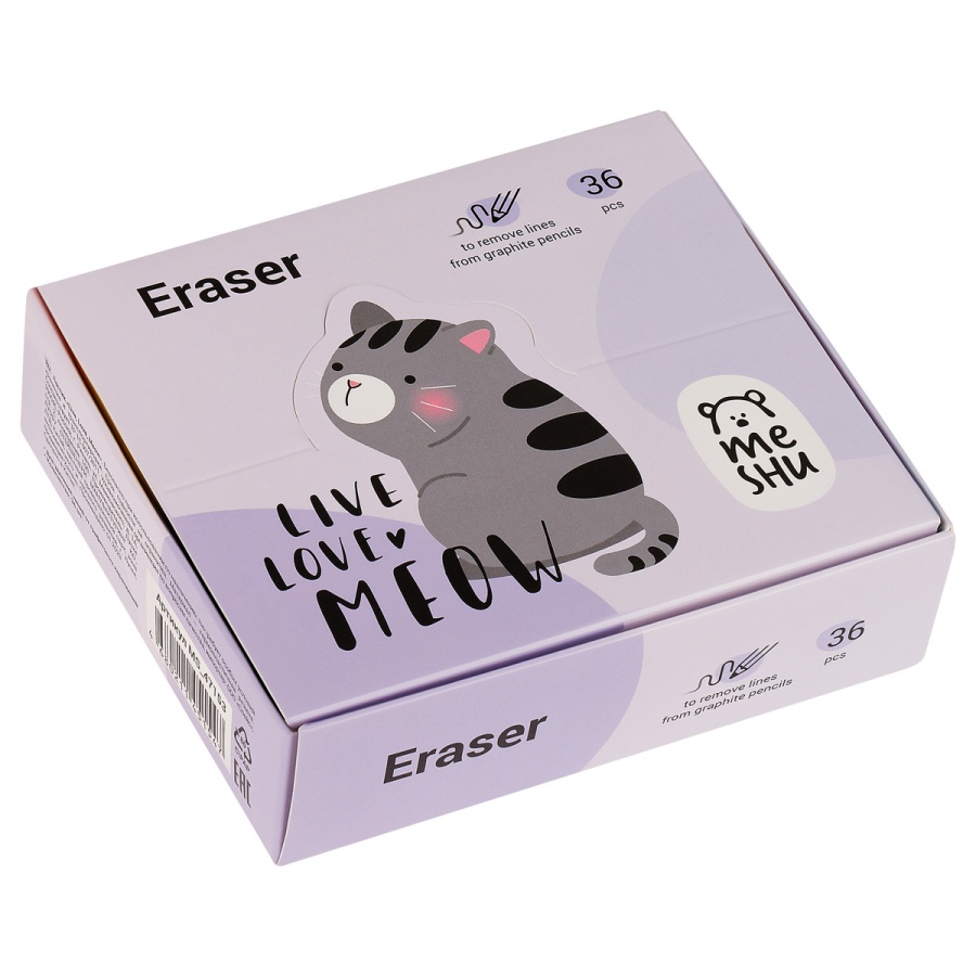 Ластик MESHU &quot;Live, Love, Meow&quot;, термопластичная резина, 37x24x11мм (MS_47153), 36шт.