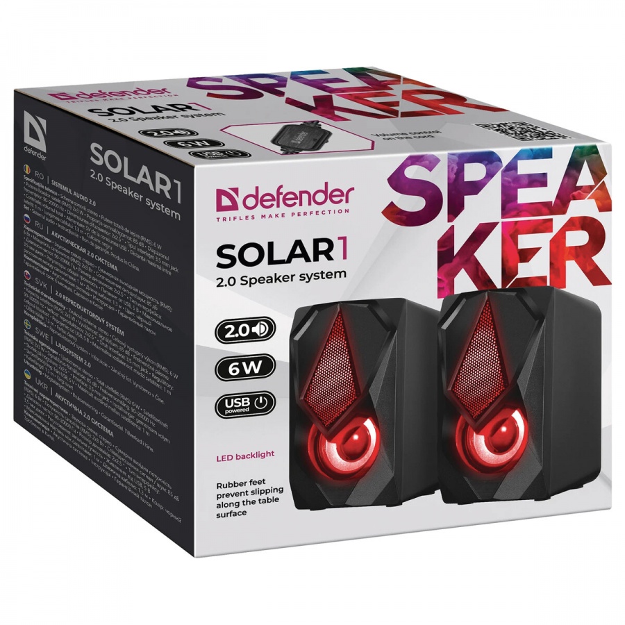 Колонки компьютерные DEFENDER SOLAR 1, 2.0, 6 Вт, пластик, чёрные (65401)