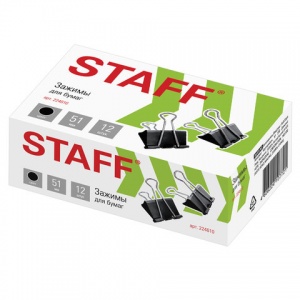 Зажимы для бумаг металлические Staff (51мм, до 230 листов, черные) в картонной коробке, 12шт. (224610)