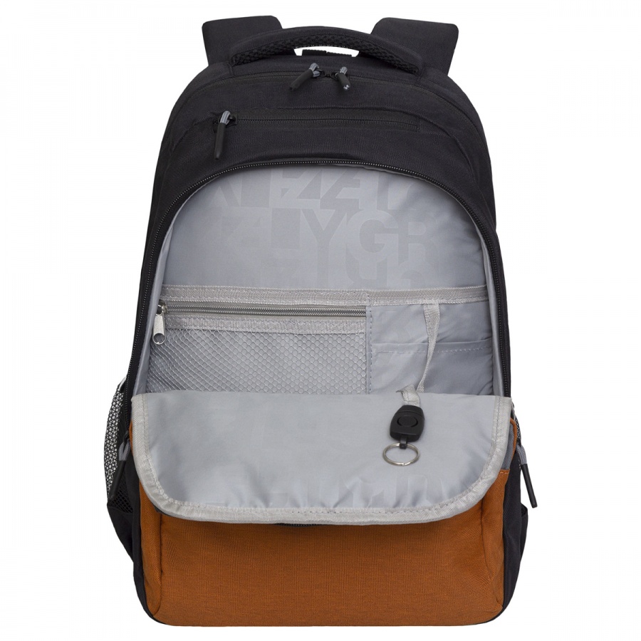 Рюкзак школьный Grizzly, 32x45x23см, 2 отделения, 4 кармана, анатомическая спинка, черный-коричневый (RU-330-6/3)