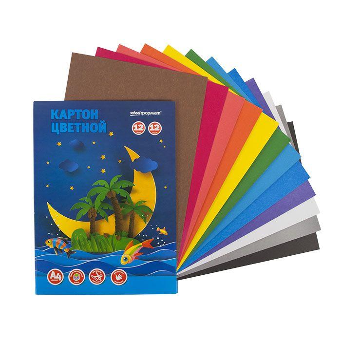 Картон цветной немелованный schoolФОРМАТ (12 листов, 12 цветов, А4) в папке (КЦН12Л12Ц-ШК)