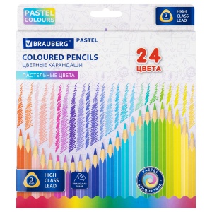 Карандаши цветные 24 цвета Brauberg Pastel (L=176мм, d=3мм, 3гр) (181851), 6 уп.