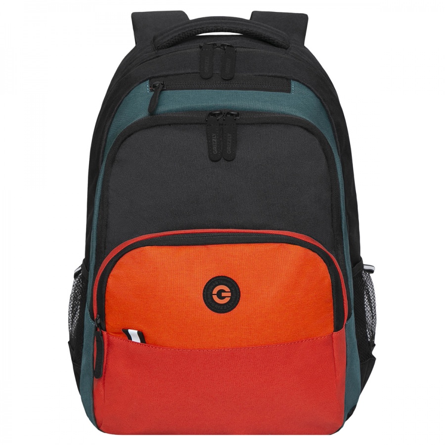 Рюкзак школьный Grizzly, 32x45x23см, 2 отделения, 4 кармана, анатомическая спинка, черный-оранжевый (RU-330-3/2)