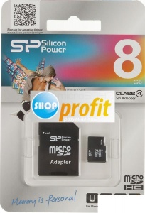 Карта памяти microSDHC Silicon Power 8Gb, Class 4, SP008GbSTH004V10-SP, 1шт., переходник SD (SP008GbSTH004V10-SP)
