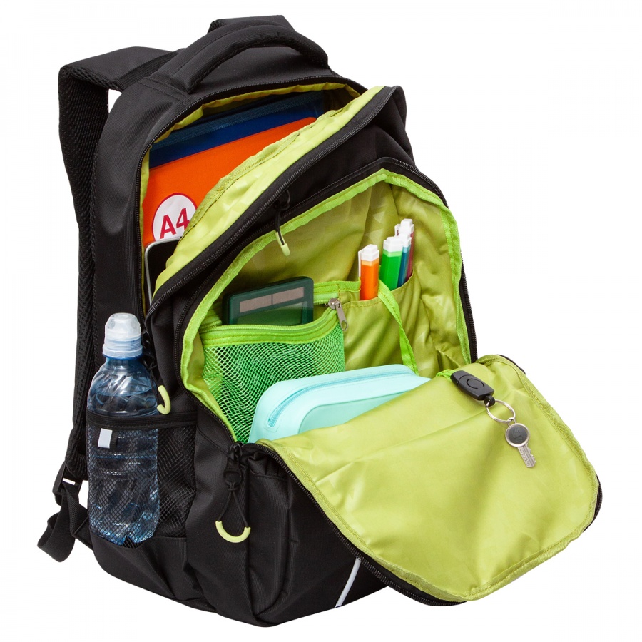 Рюкзак школьный Grizzly, 32x45x23см, 2 отделения, 4 кармана, анатомическая спинка, черный-салатовый (RU-330-5/1)