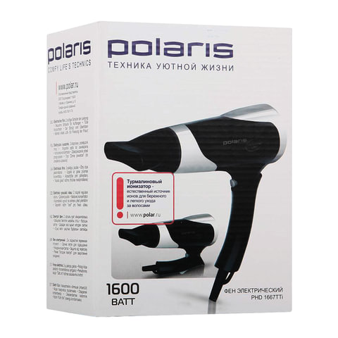 Фен Polaris PHD 1667TTi, 1600Вт, ионизация, черный и серебристый (PHD 1667TTi BK)