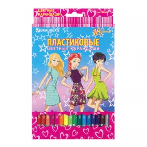 Карандаши цветные 18 цветов Brauberg "Pretty Girls" (d=3мм, 6гр, пластик) картонная упаковка (180580), 8 уп.