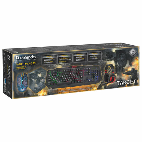 Набор клавиатура+мышь Defender Target MKP-350, проводной, гарнитура+коврик, черный (52350)