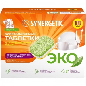 Таблетки для посудомоечных машин Synergetic, биоразлагаемые, бесфосфатные, 100шт. (102100)