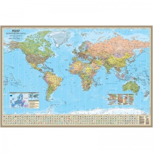 Настенная политическая карта мира (масштаб 1:34 млн) с флагами, в металлическом багете