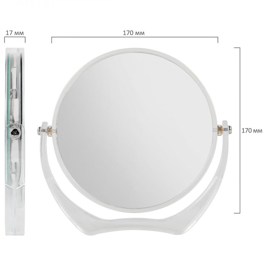 Зеркало косметическое настольное Brabix, круглое, d=17см, двустороннее, с увеличением, прозрачная рамка, 24шт.