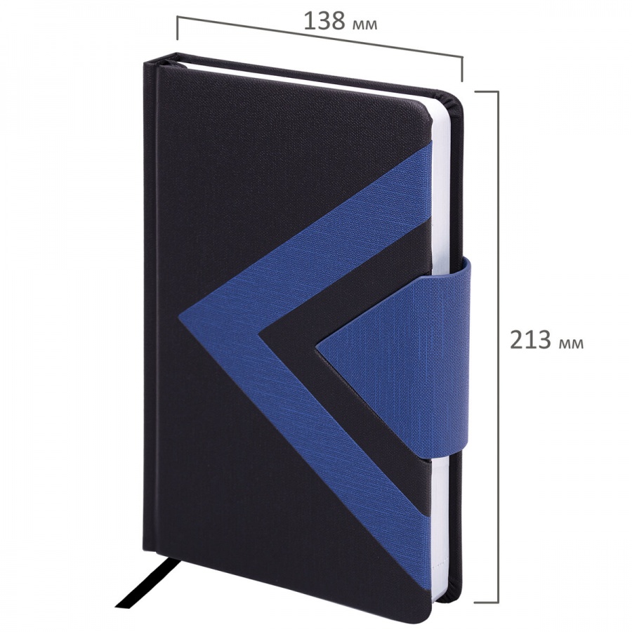 Ежедневник недатированный А5 Brauberg Waves (160 листов) обложка кожзам, застежка, черный/синий (114453)