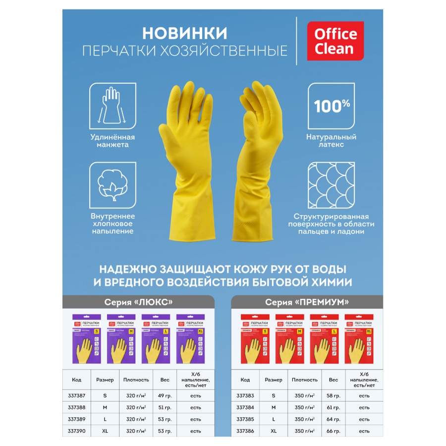 Перчатки латексные OfficeClean Премиум, хлопчатобумажное напыление, плотные, размер 8 (M), желтые, 1 пара