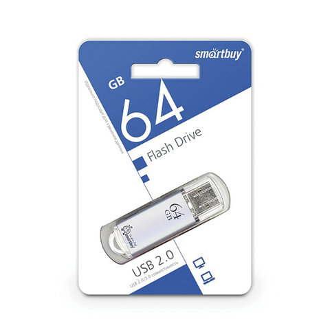Флэш-диск USB 64Gb SmartBuy V-Cut, USB2.0, серебристый (металл.корпус) (SB64GbVC-S)