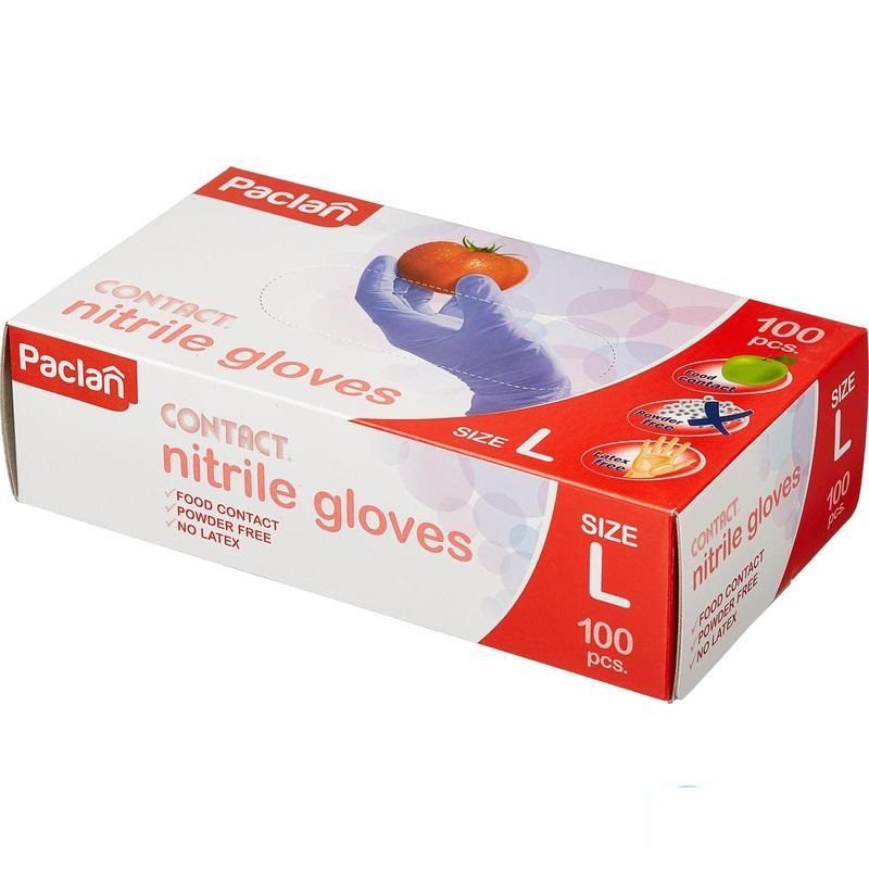 Перчатки одноразовые нитриловые Paclan Contact, размер L, фиолетовые, 50 пар в картон. коробке (136222)