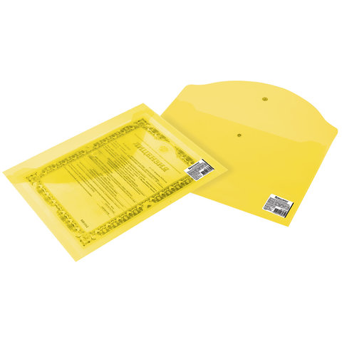Папка-конверт на кнопке Brauberg (А5, 240х190мм, 150мкм, пластик) прозрачная желтая (224028)