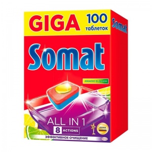 Таблетки для посудомоечных машин Somat Giga All-in-1 "Лимон-Лайм", 100шт.