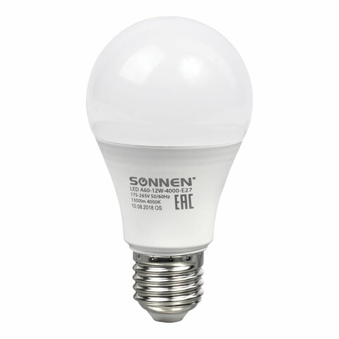 Лампа светодиодная Sonnen (12Вт, E27, грушевидная) холодный белый, 10шт. (LED A60-12W-4000-E27)