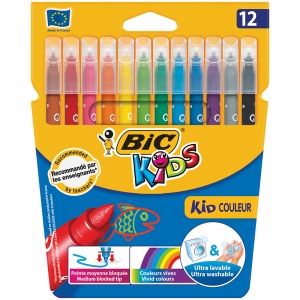 Набор фломастеров 12 цветов BIC Kids Couleur (линия 0,8мм, смываемые) картонная упаковка (9202932), 25 уп.