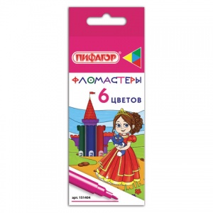 Набор фломастеров 6 цветов Пифагор "Принцессы" (линия 1мм, смываемые) картонная упаковка