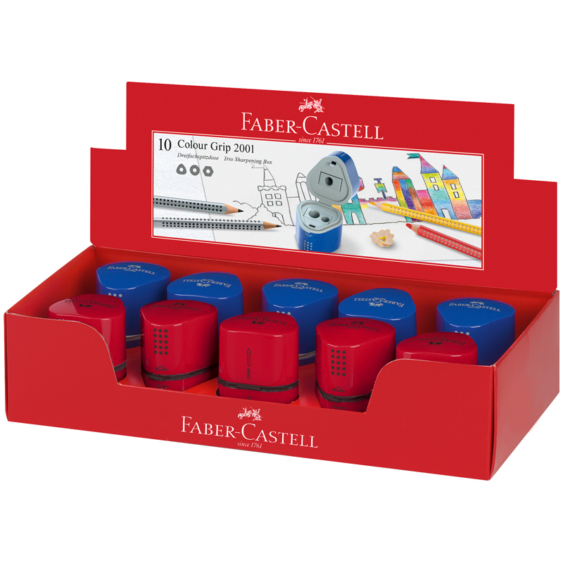 Точилка ручная пластиковая Faber-Castell Trio Grip 2001 (3 отверстия, 2 контейнера) красная/синяя, 10шт. (183801)