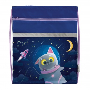 Мешок для обуви 1 отделение schoolФОРМАТ Space Cat, 49х41см, синий, с большим карманом на молнии, для девочек