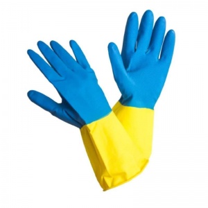 Перчатки латексные Bicolor, синие/желтые, размер 8 (М), 12 уп.