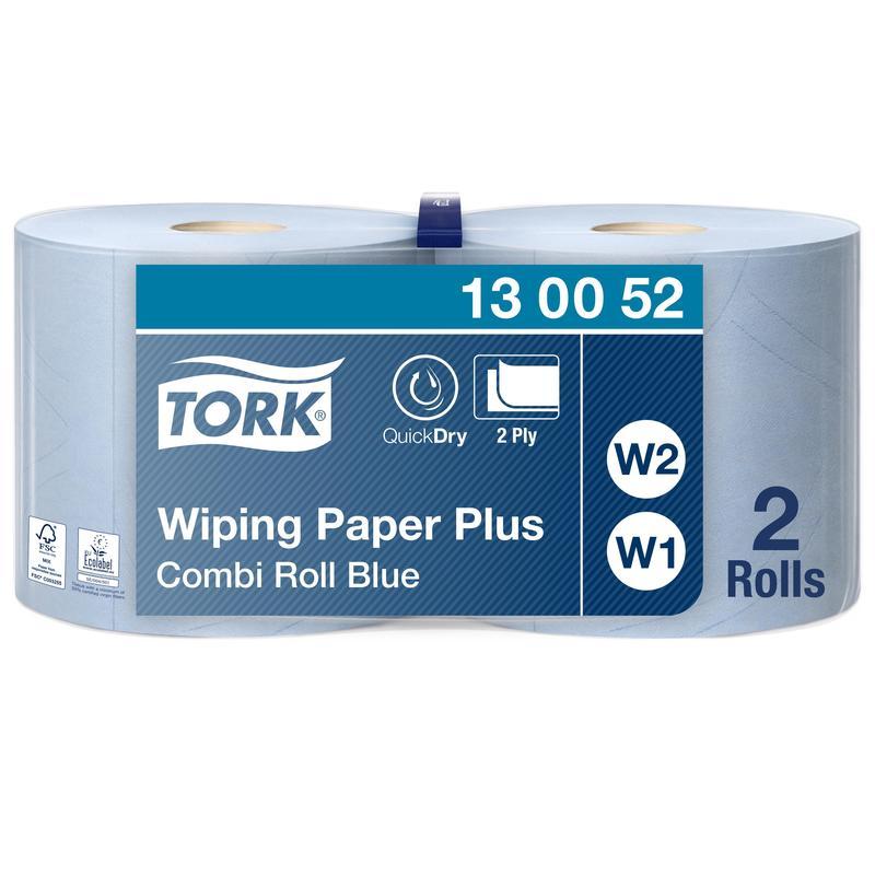 Протирочная бумага в рулонах Tork W1/W2, 2-слойная голубая, 2 рулона по 750 листов (130052)