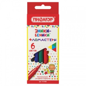 Набор фломастеров 6 цветов Пифагор "Эники-беники" (линия 1мм, смываемые) картонная упаковка, 24 уп.