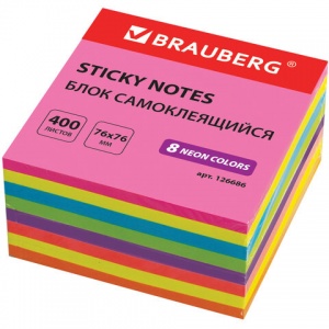 Стикеры (самоклеящийся блок) Brauberg, 76x76мм, 8 цветов неон, 400 листов (126686), 12 уп.