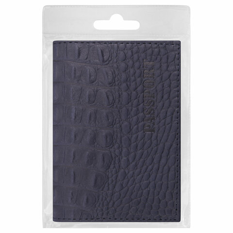 Обложка для паспорта Brauberg, натуральная кожа кайман, тиснение &quot;Passport&quot;, темно-синяя