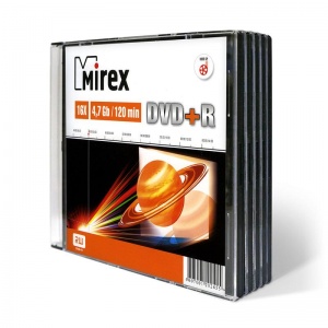 Оптический диск DVD+R Mirex 4.7Gb, 16x, slim case, 5шт.